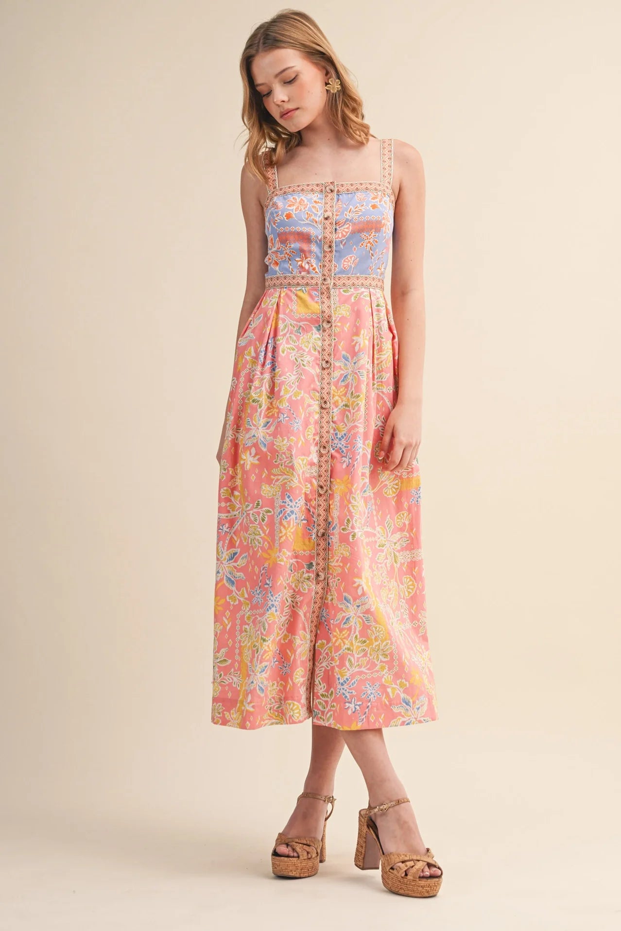 Exclusive Floral Button Down Tape Trim Midi Dress