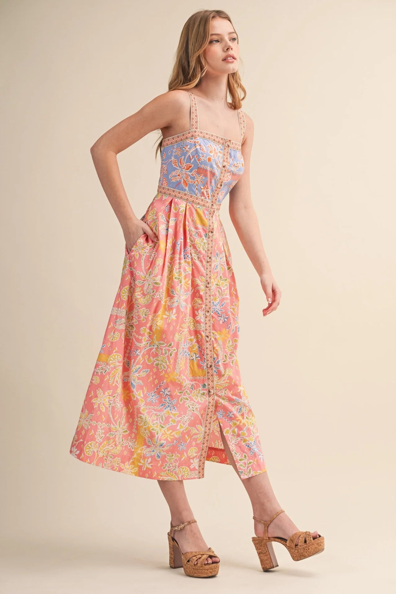 Exclusive Floral Button Down Tape Trim Midi Dress