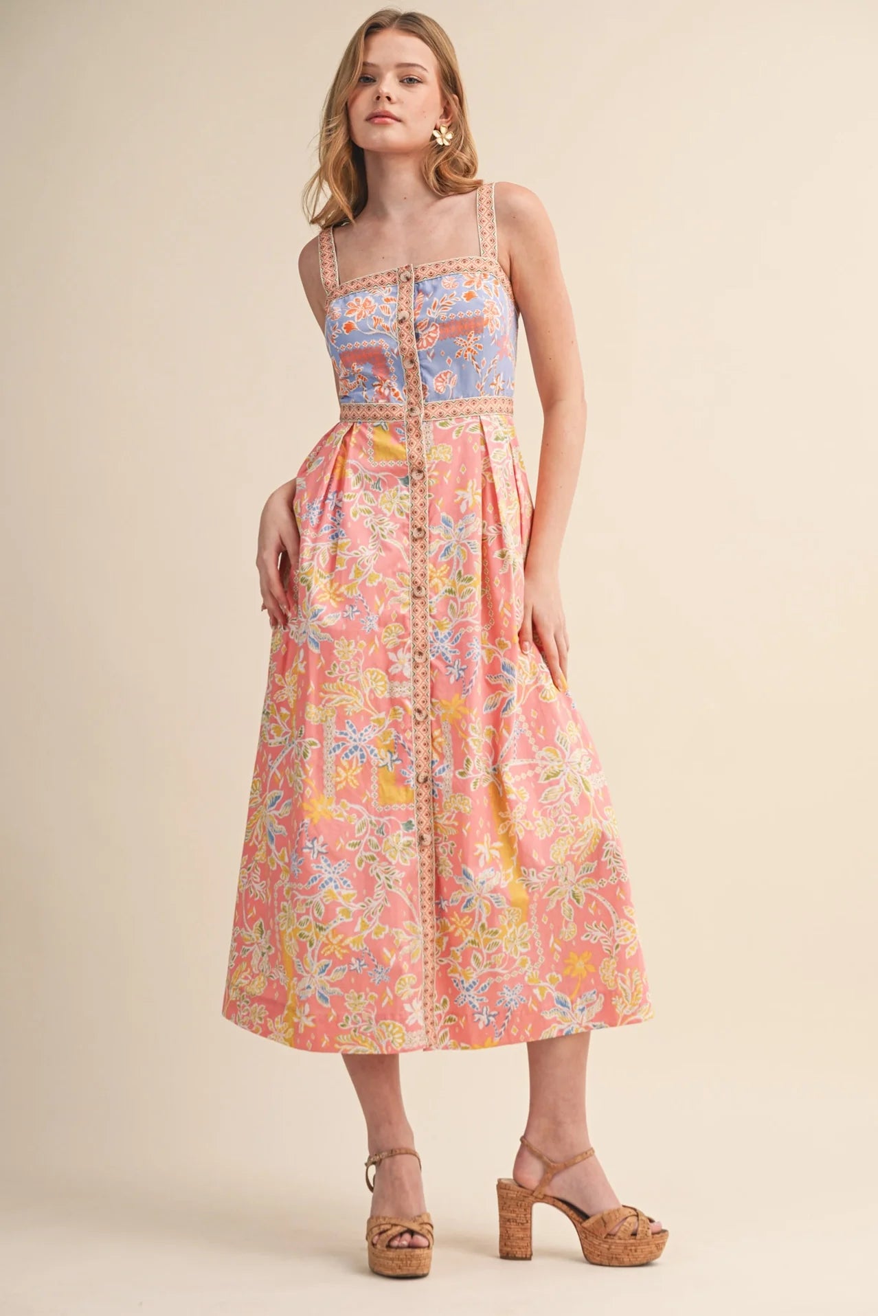 Exclusive Floral Button Down Tape Trim Midi Dress