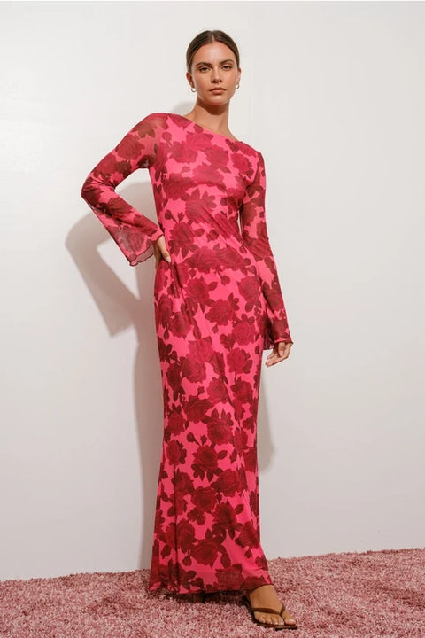 Floral Print Bell Sleeve Maxi Dress Exclusive Women's Long Sleeve