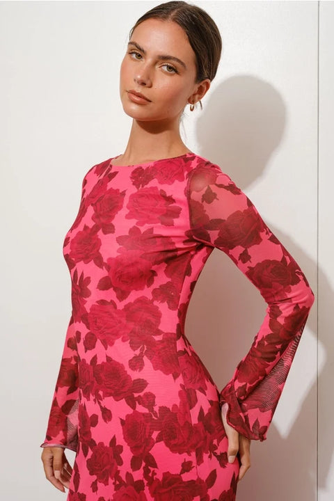Floral Print Bell Sleeve Maxi Dress Exclusive Women's Long Sleeve