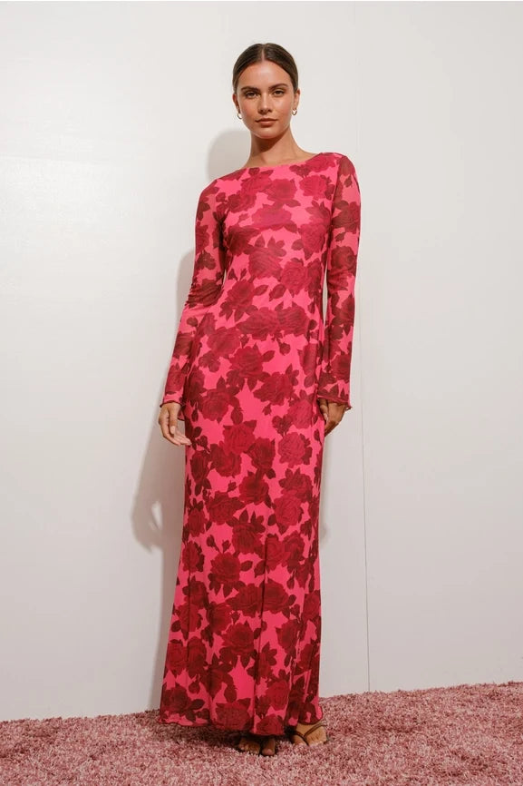 Exclusive Floral Print Bell Sleeve Maxi Dress