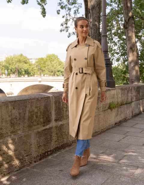 Extra-Long Oversized Cotton Trench Coat with Belt - Beige