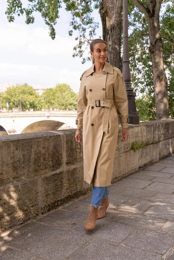 Extra-Long Oversized Cotton Trench Coat with Belt - Beige