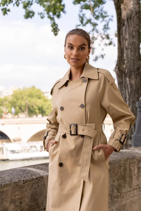 Extra-Long Oversized Cotton Trench Coat with Belt - Beige
