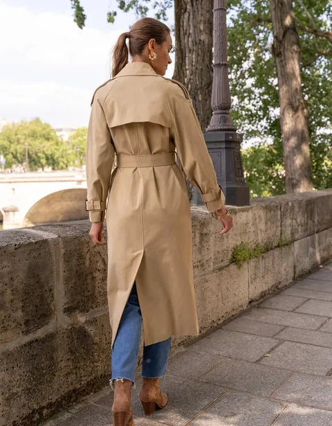 Extra-Long Oversized Cotton Trench Coat with Belt - Beige