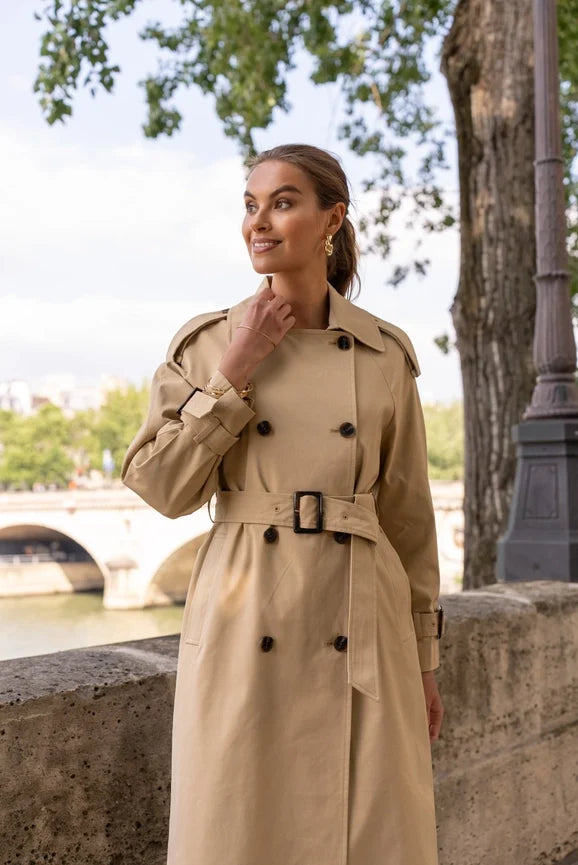 Extra-Long Oversized Cotton Trench Coat with Belt - Beige