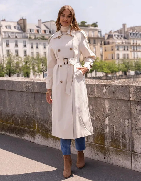 Extra-Long Oversized Cotton Trench Coat with Belt - Off-white