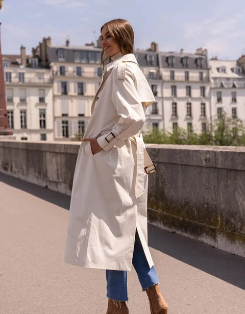 Extra-Long Oversized Cotton Trench Coat with Belt - Off-white