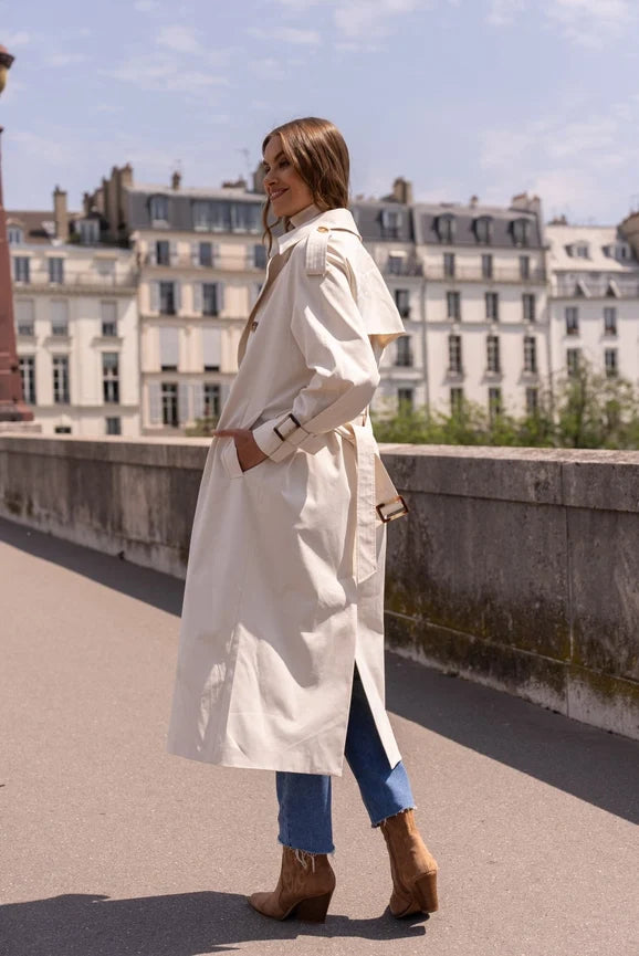 Extra-Long Oversized Cotton Trench Coat with Belt - Off-white