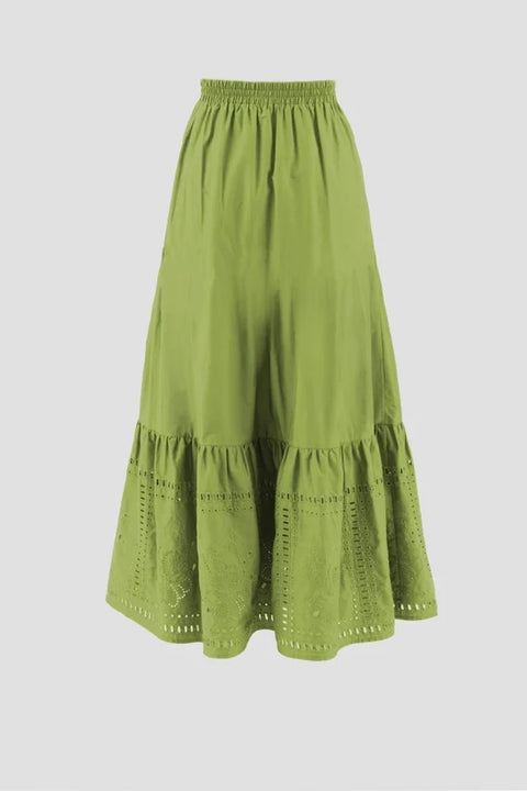 Eyelet Detail Elastic Waist Midi Skirt GREEN