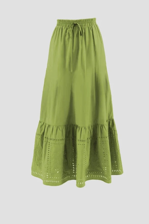 Eyelet Detail Elastic Waist Midi Skirt GREEN