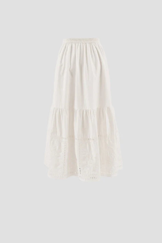 Eyelet Detail Elastic Waist Midi Skirt WHITE