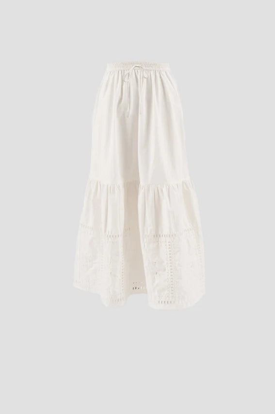 Eyelet Detail Elastic Waist Midi Skirt WHITE