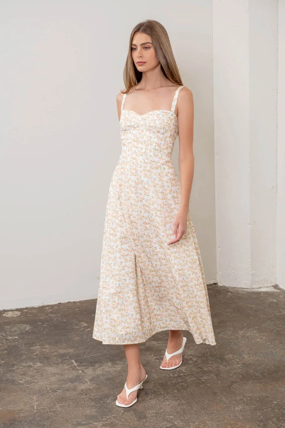 Eyelet Floral Corset Detail Sleeveless Midi Dress