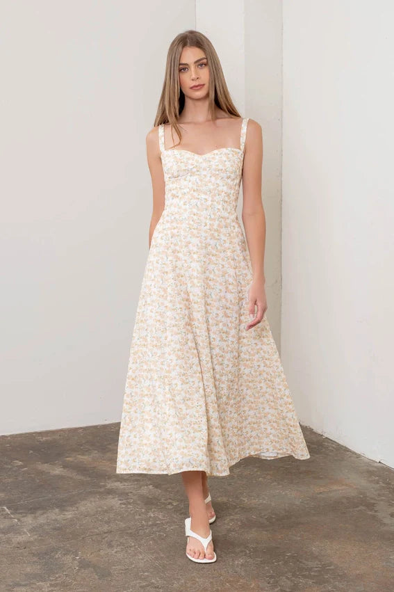 Eyelet Floral Corset Detail Sleeveless Midi Dress