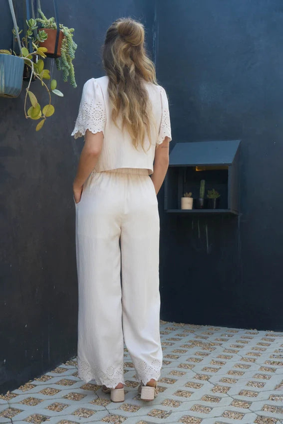 Eyelet Trim Front Tie Blouse and Wide Leg Pant Set NATURAL