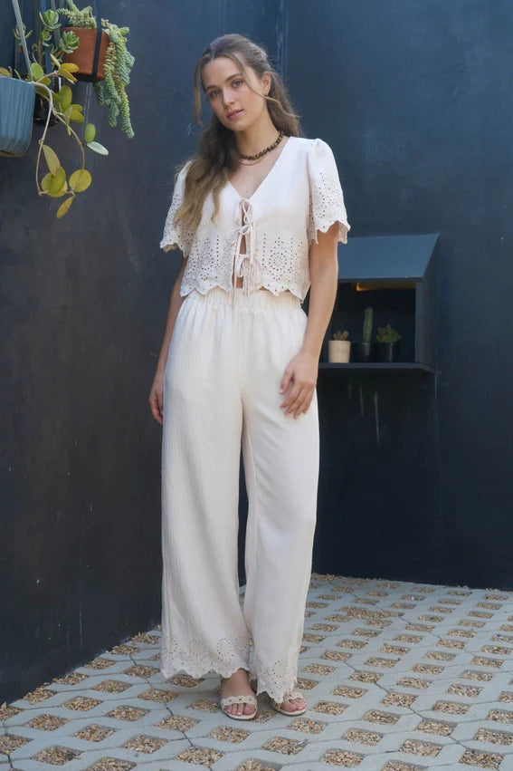 Eyelet Trim Front Tie Blouse and Wide Leg Pant Set NATURAL