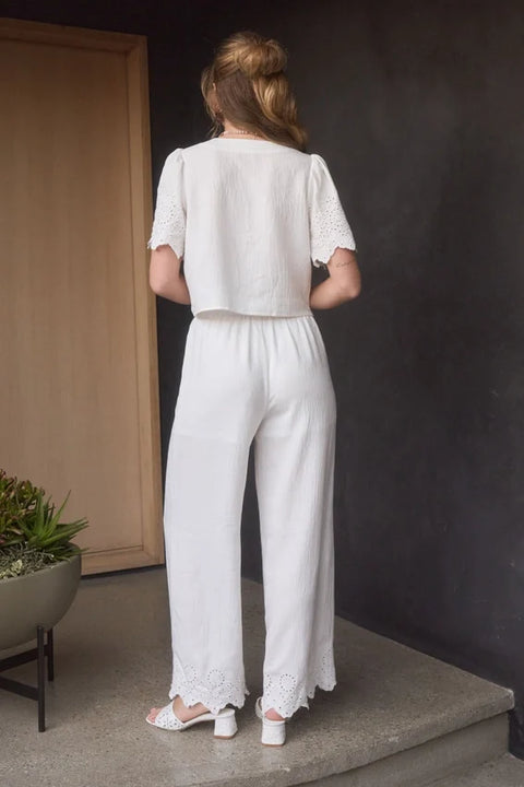 Eyelet Trim Front Tie Blouse and Wide Leg Pant Set