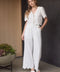 Eyelet Trim Front Tie Blouse and Wide Leg Pant Set