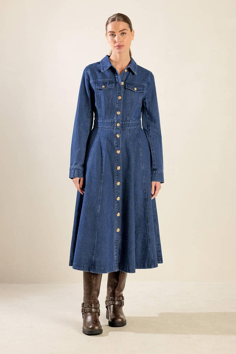 DRIFTING THOUGHTS DENIM MIDI DRESS