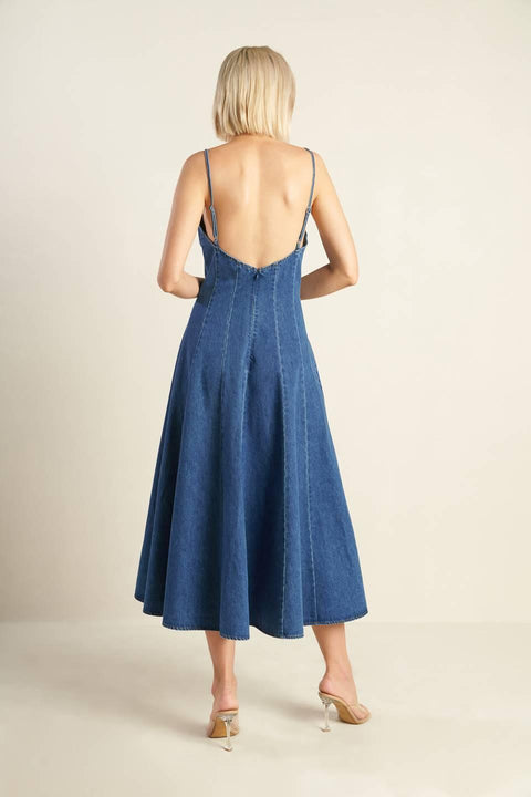 ROSEWOOD ROMANCE DENIM MIDI DRESS