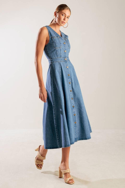 THE JOURNEY BEGINS BLUE DENIM MIDI DRESS