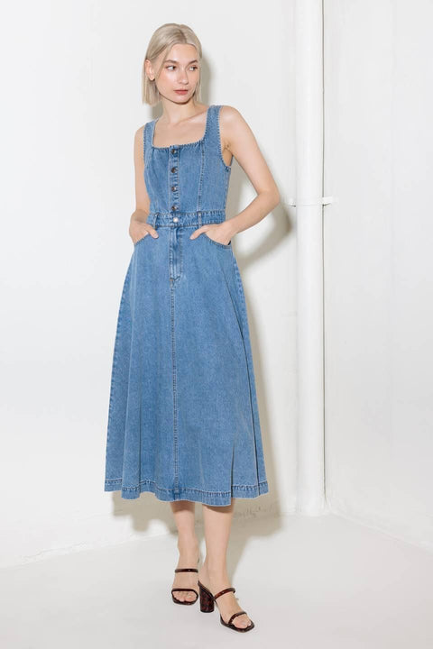 SOFTLY ROMANTIC DENIM MIDI DRESS