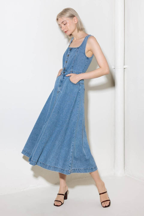 SOFTLY ROMANTIC DENIM MIDI DRESS