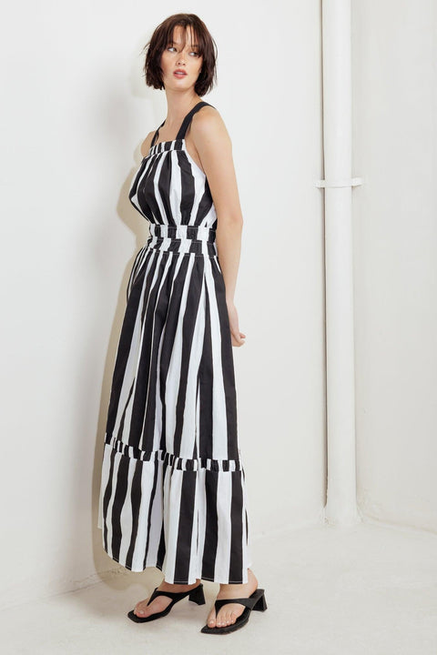 LUXE LINEAR STRIPED WOVEN MIDI DRESS