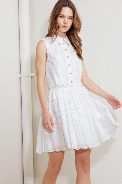 LEAF KISS WHITE WOVEN EYELET MINI DRESS