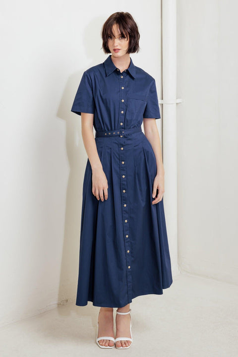 CINCHED COUTURE WOVEN MIDI DRESS