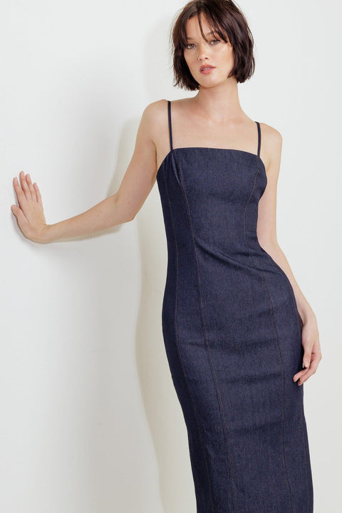 QUIET CURVE DARK DENIM MIDI DRESS