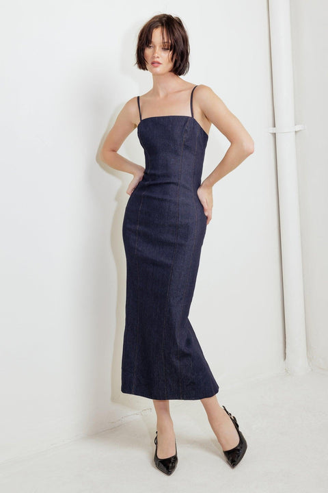 QUIET CURVE DARK DENIM MIDI DRESS
