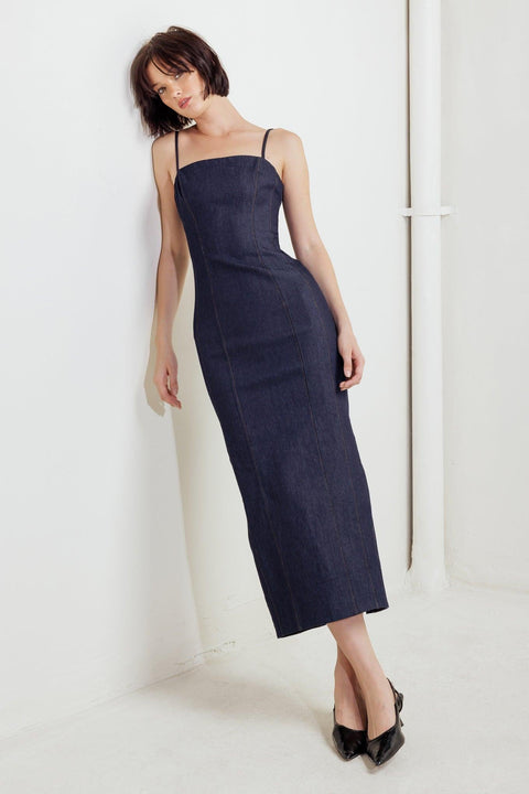 QUIET CURVE DARK DENIM MIDI DRESS