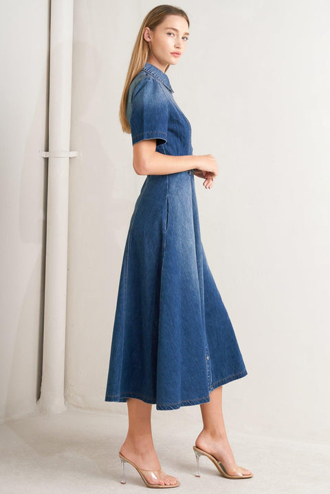 ELEGANT TOUCH DENIM MIDI DRESS
