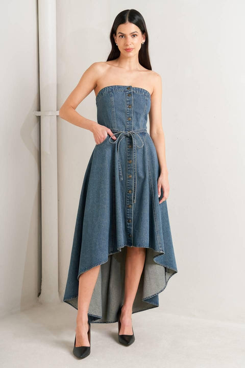 MIDNIGHT VOLUME DENIM MIDI DRESS