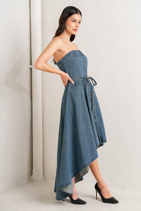 MIDNIGHT VOLUME DENIM MIDI DRESS