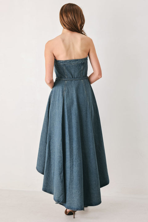 MIDNIGHT VOLUME DENIM MIDI DRESS