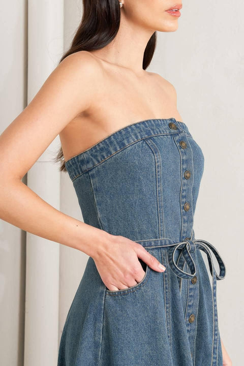 MIDNIGHT VOLUME DENIM MIDI DRESS