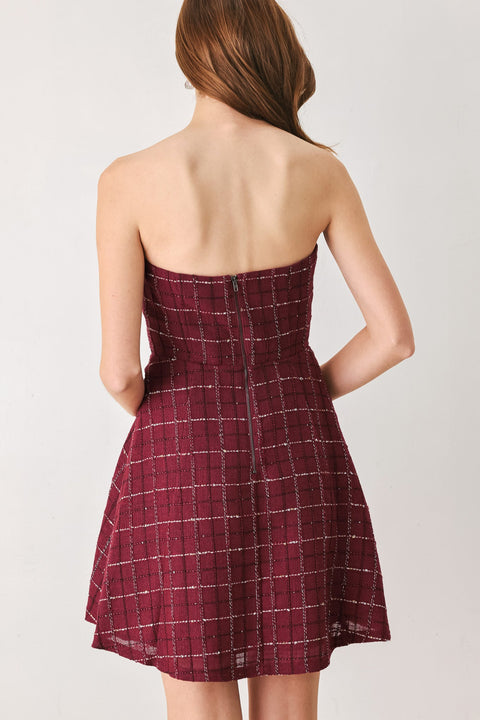 TWEED DOLL WINE WOVEN MINI DRESS