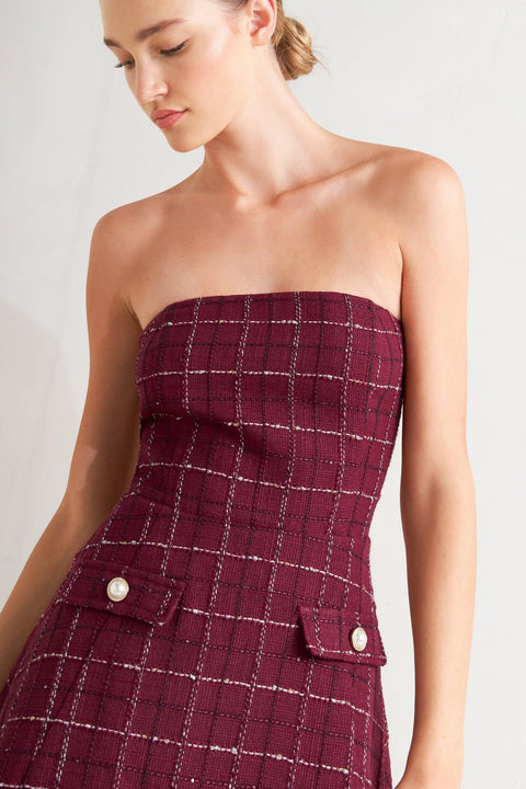 TWEED DOLL WINE WOVEN MINI DRESS