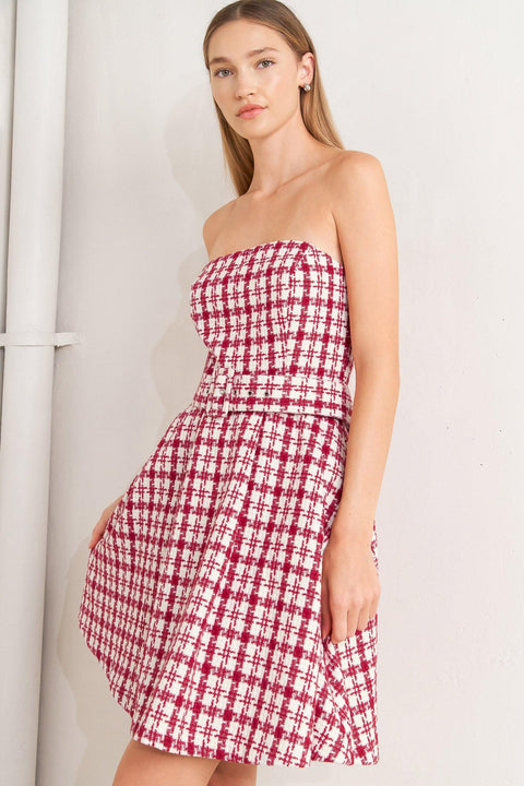 CHERRY CHECK TWEED MINI DRESS