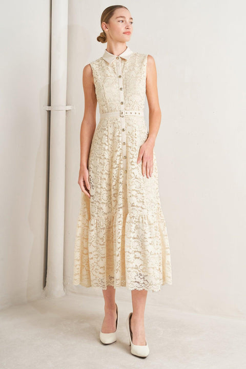 PURELY ROMANTIC WOVEN LACE MIDI DRESS