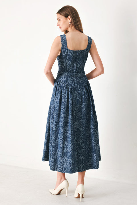 MIDNIGHT GARDEN DENIM MIDI DRESS