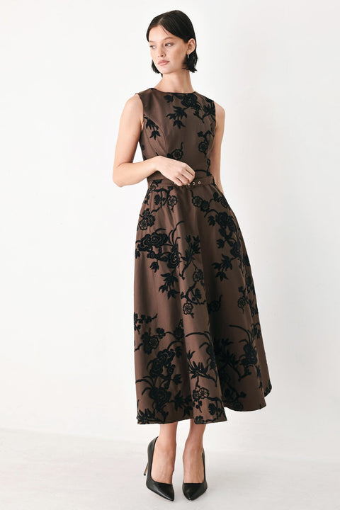 TRUFFLE BOTANIC GRACE WOVEN MIDI DRESS