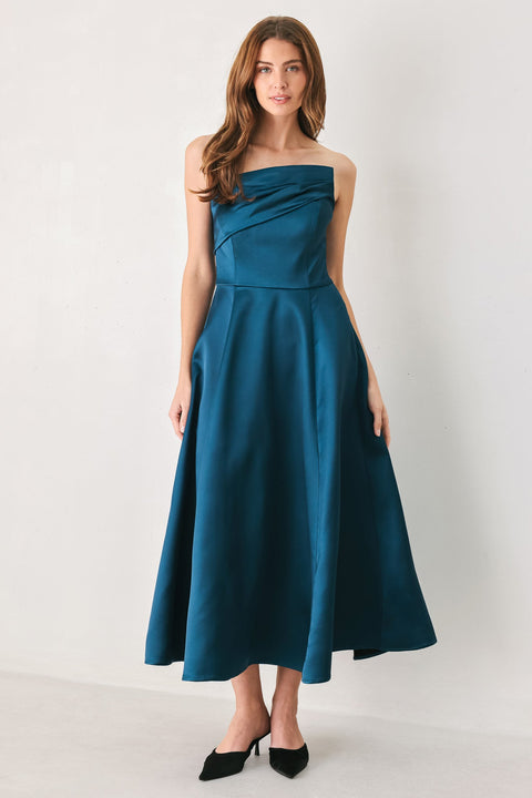 TEAL TEMPO ASYMMETRICAL STRAPLESS CIRCLE-SKIRT MIDI DRESS