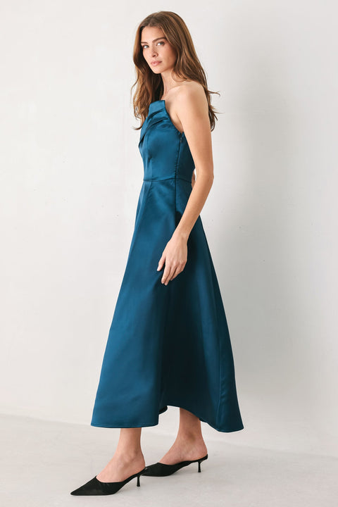 TEAL TEMPO ASYMMETRICAL STRAPLESS CIRCLE-SKIRT MIDI DRESS