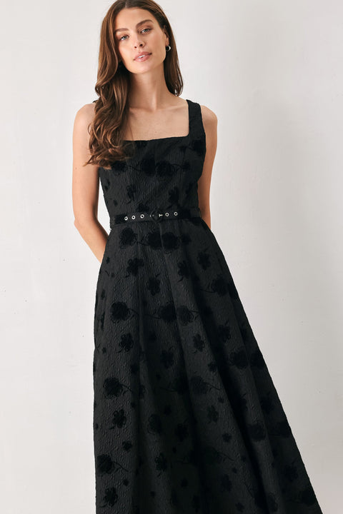 MIDNIGHT DRAMA BLACK STATEMENT MIDI DRESS