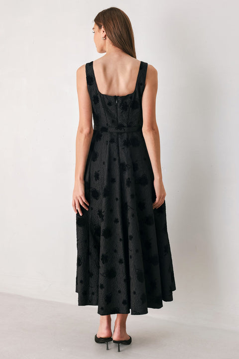 MIDNIGHT DRAMA BLACK STATEMENT MIDI DRESS